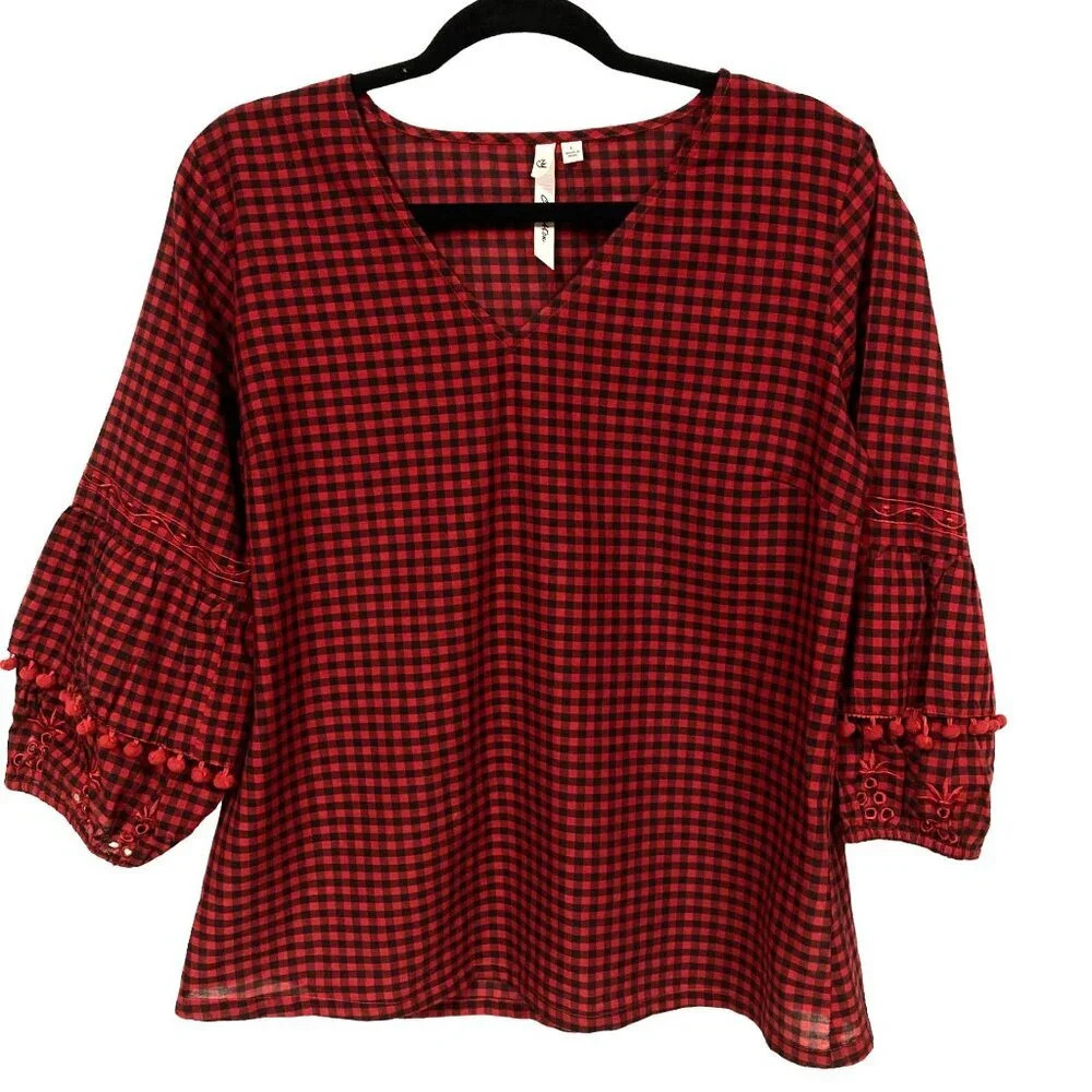 NY Collection Checked Plaid Top, Size Large, Black & Red, Eyelet, Pom-Poms